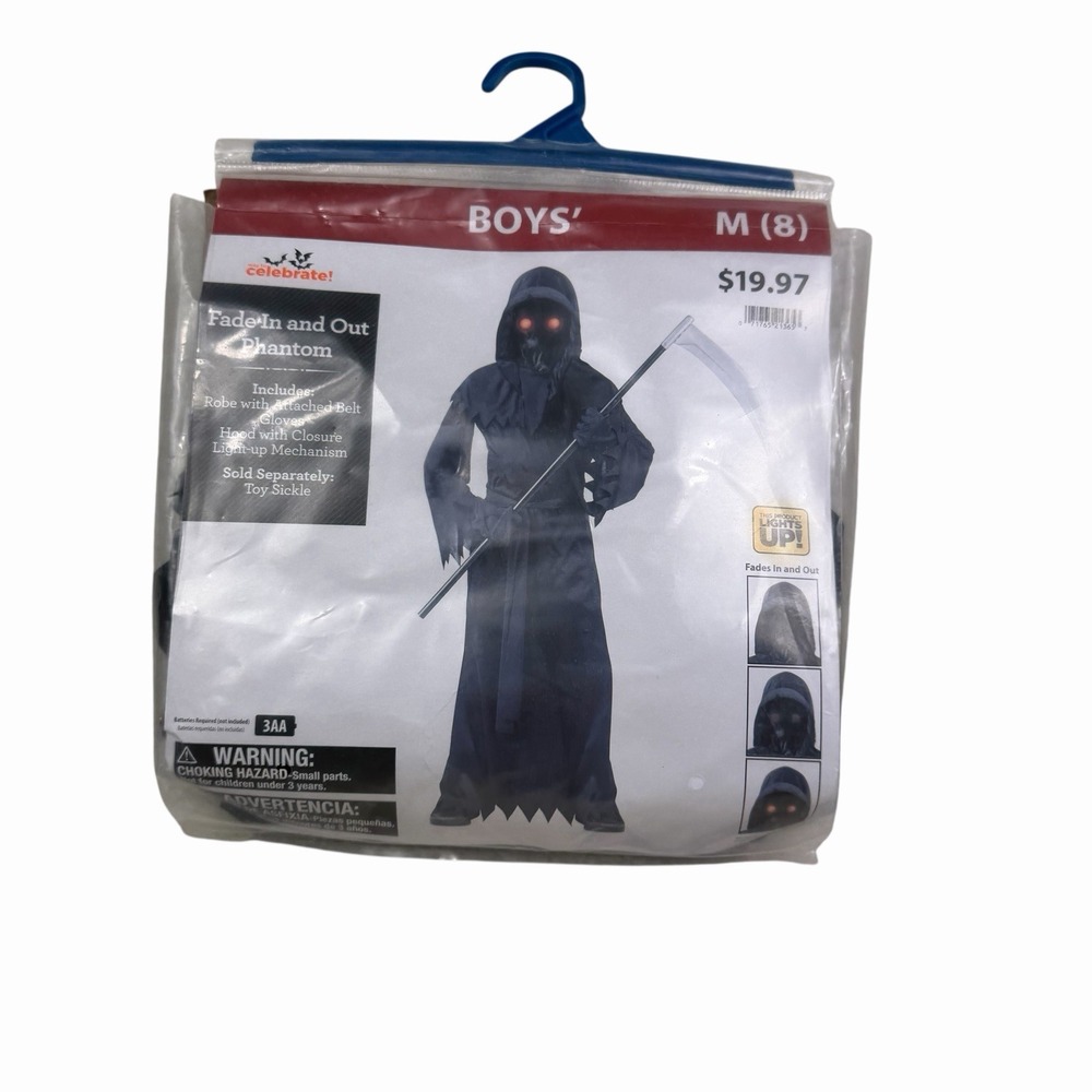 Glowing Eyes Grim Reaper Kids Costume Halloween Dress Up Play NWT Medium Sz 8‎